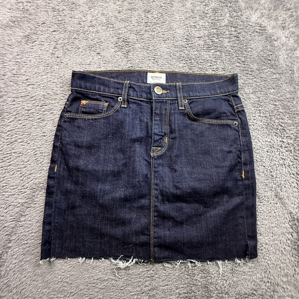 Hudson USA Dark Wash Denim Jean Mini Skirt Raw Hem Womens 24 Stretch Cotton